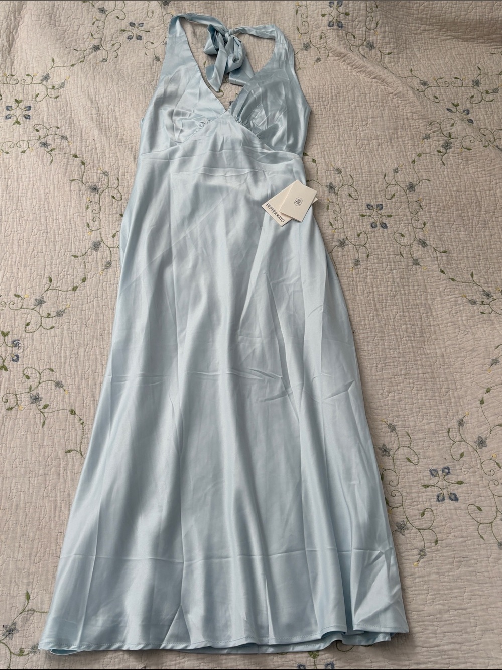 Peppermayo Heavy Hearted Satin Midi Dress Ice Blue Size 8 NWT